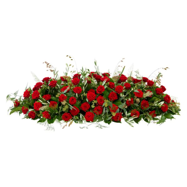 Rode rozen voor op doodskist Voor altijd kist