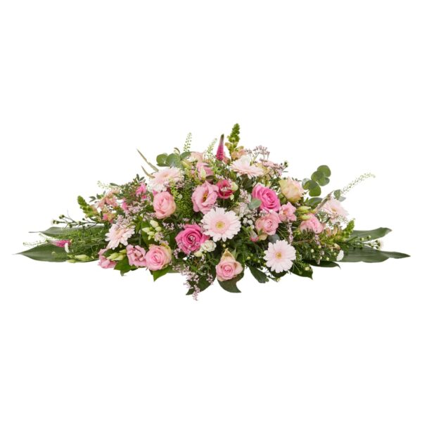 Roze bloemstuk voor begrafenis Omhelzing ovaal